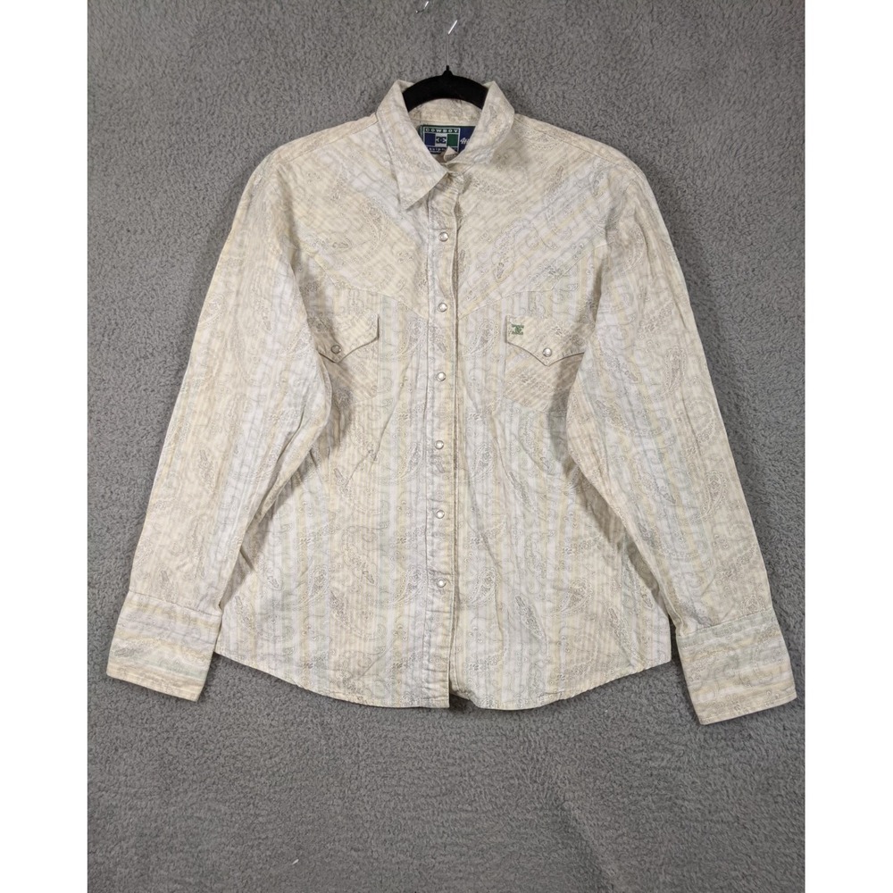 Vtg Cowboy Equipment 4HER Western Pearl Snap Shirt Women L White Yellow Paisley